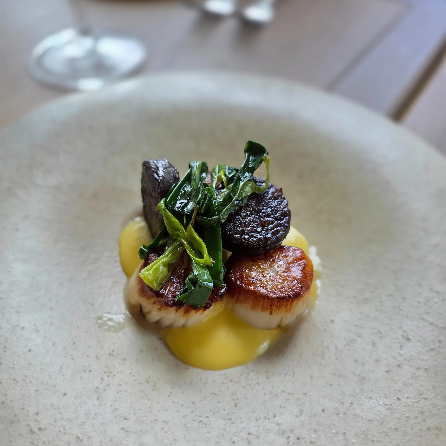Pan-seared Canadian scallops, morcilla, corn pur&eacute;e, crispy leeks.