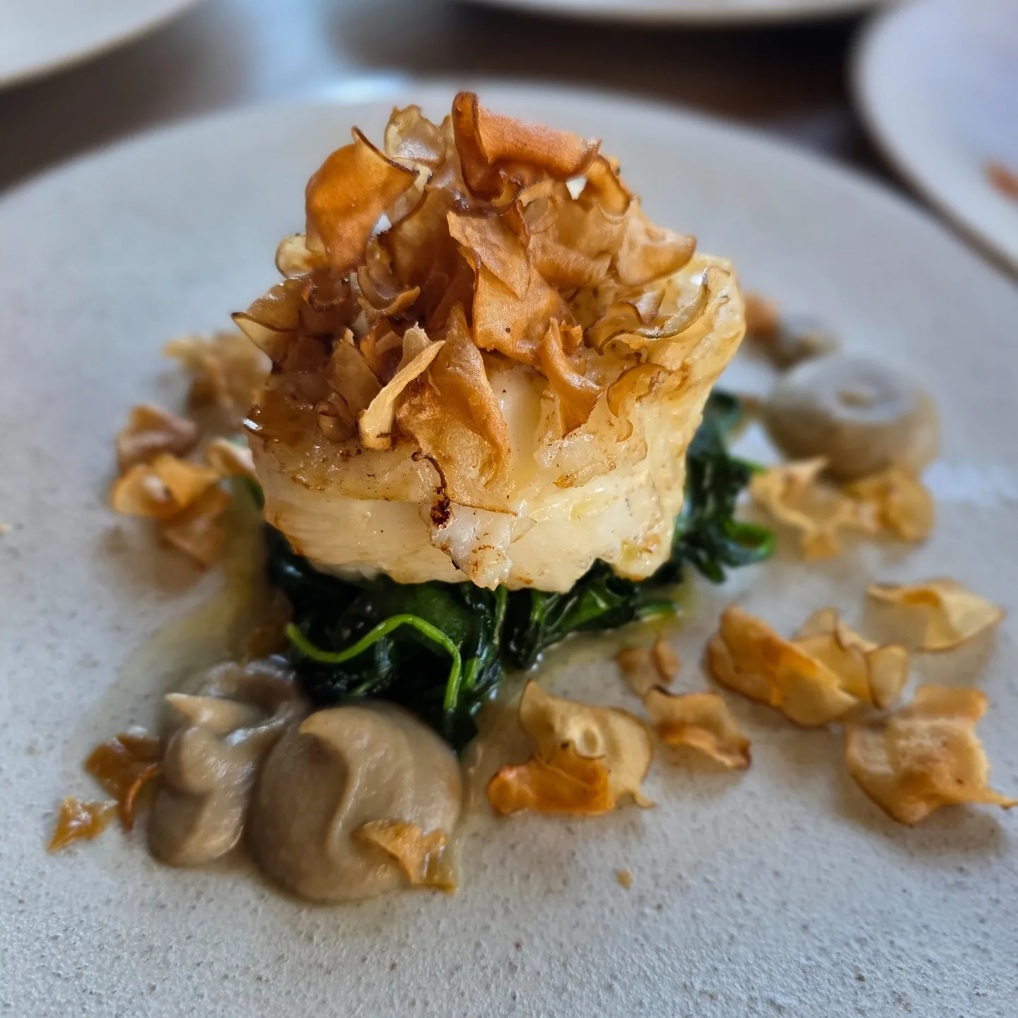 Toothfish with artichoke pur&eacute;e, artichoke crisps, fish broth and native flowers.