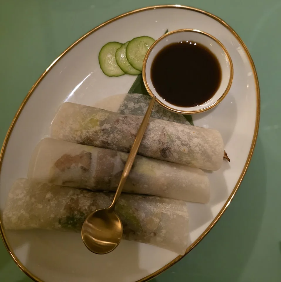 Moo shu duck pancakes with cucumber and house hoi sin.