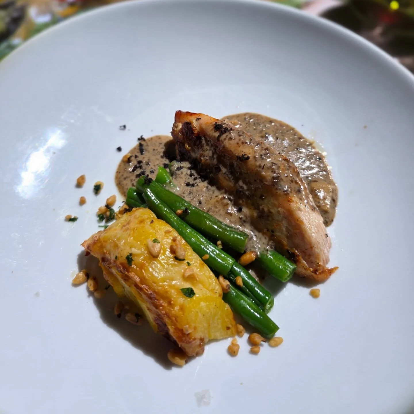 Pan Seared Free Range Chicken Breast, Whipped Potato, Glazed Mushrooms, Green Beans, Pinenut Barramundi