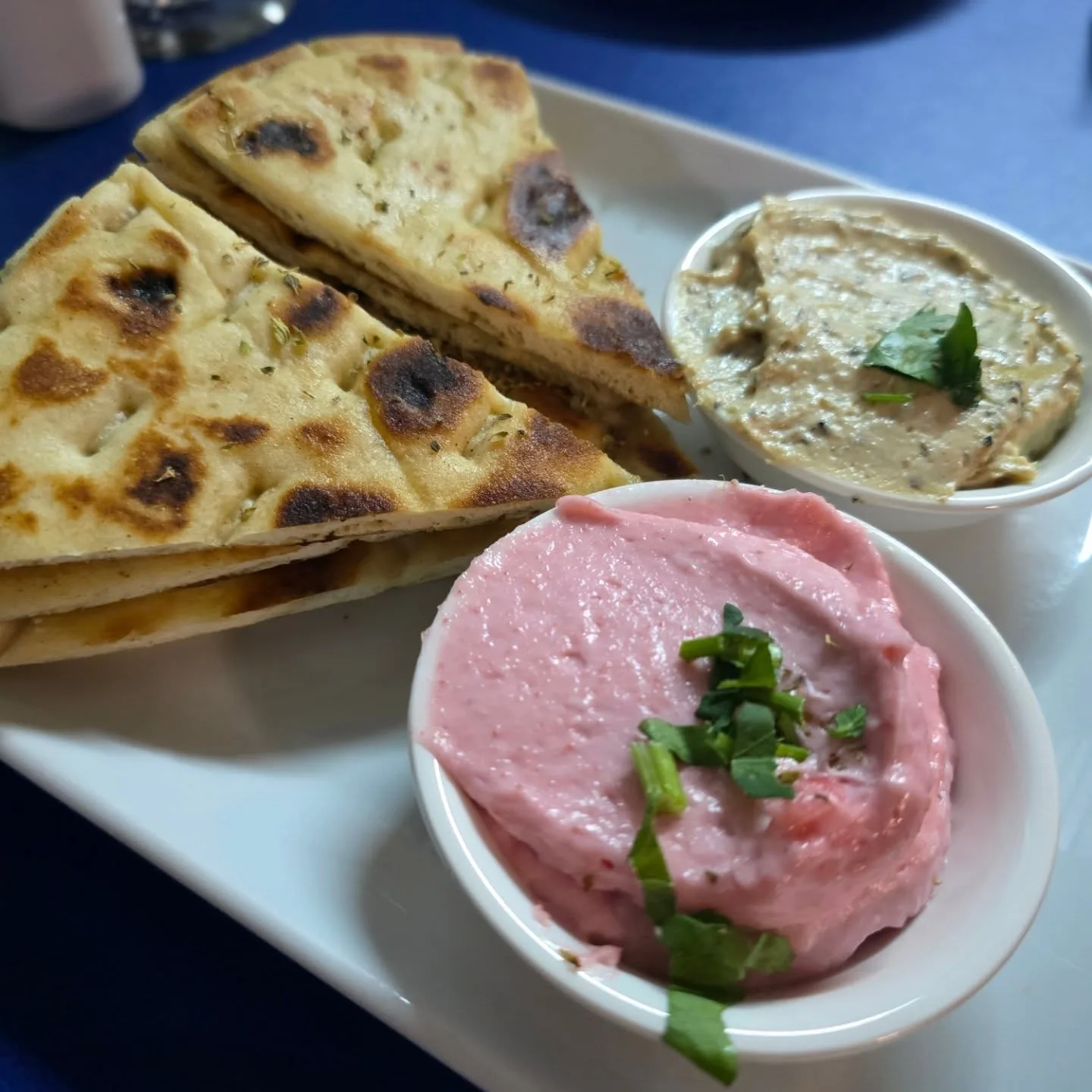 Tirokafteri and tarama dips and pita bread