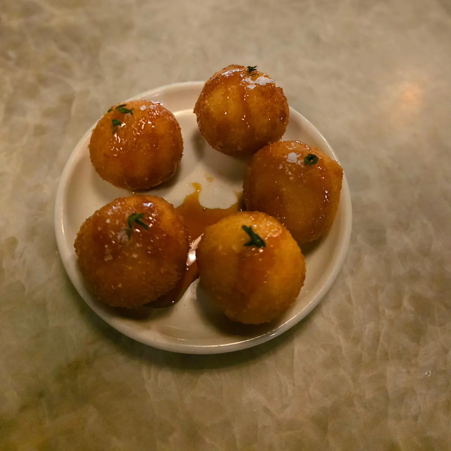 Goat’s Cheese Croquettes w Garlic Honey, Espelette Pepper