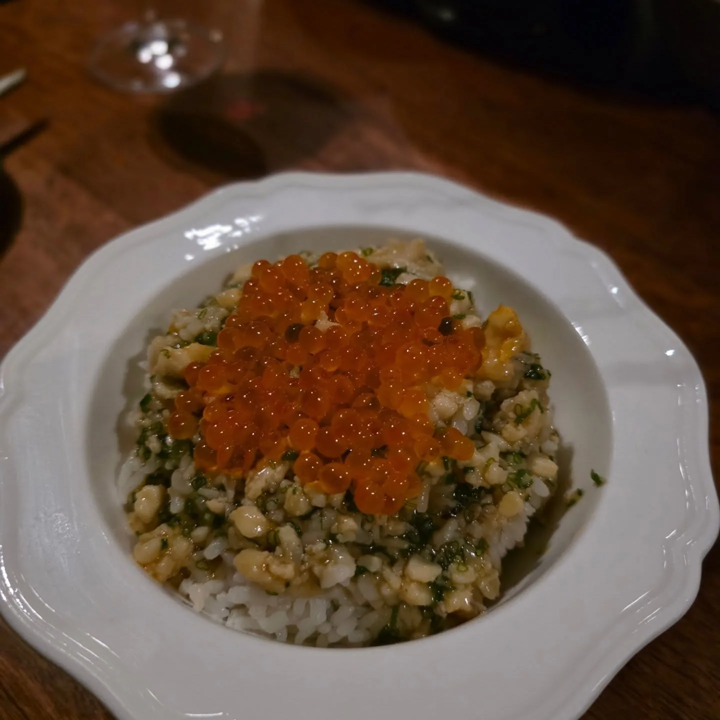 Spanner crab dup-bap, salmon roe, burdock root