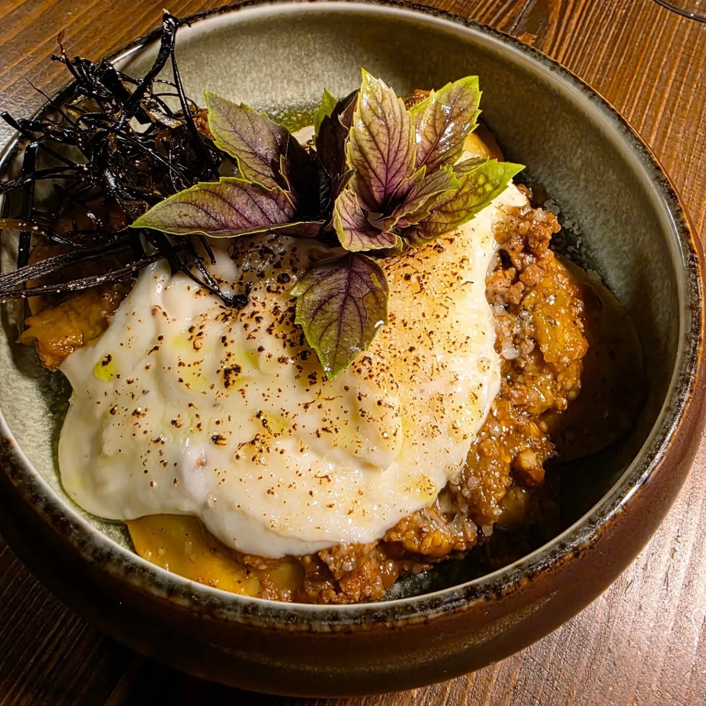 Moussaka with eggplant ravioli