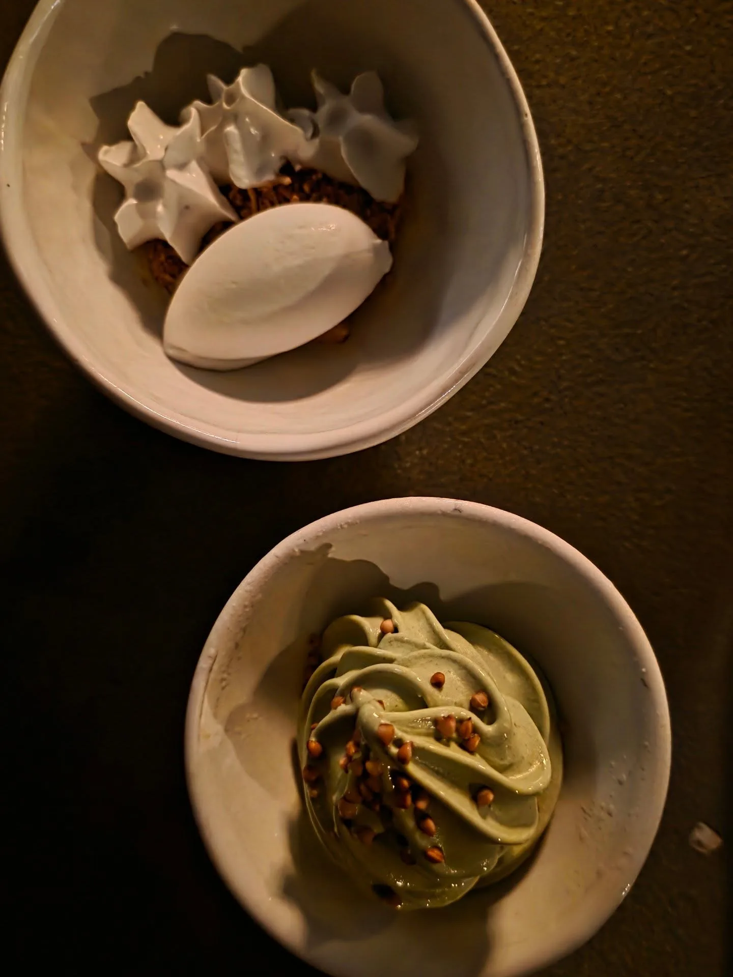 Dessert: Matcha and chicory soft serve and Szechuan pineapple and coconut sorbet