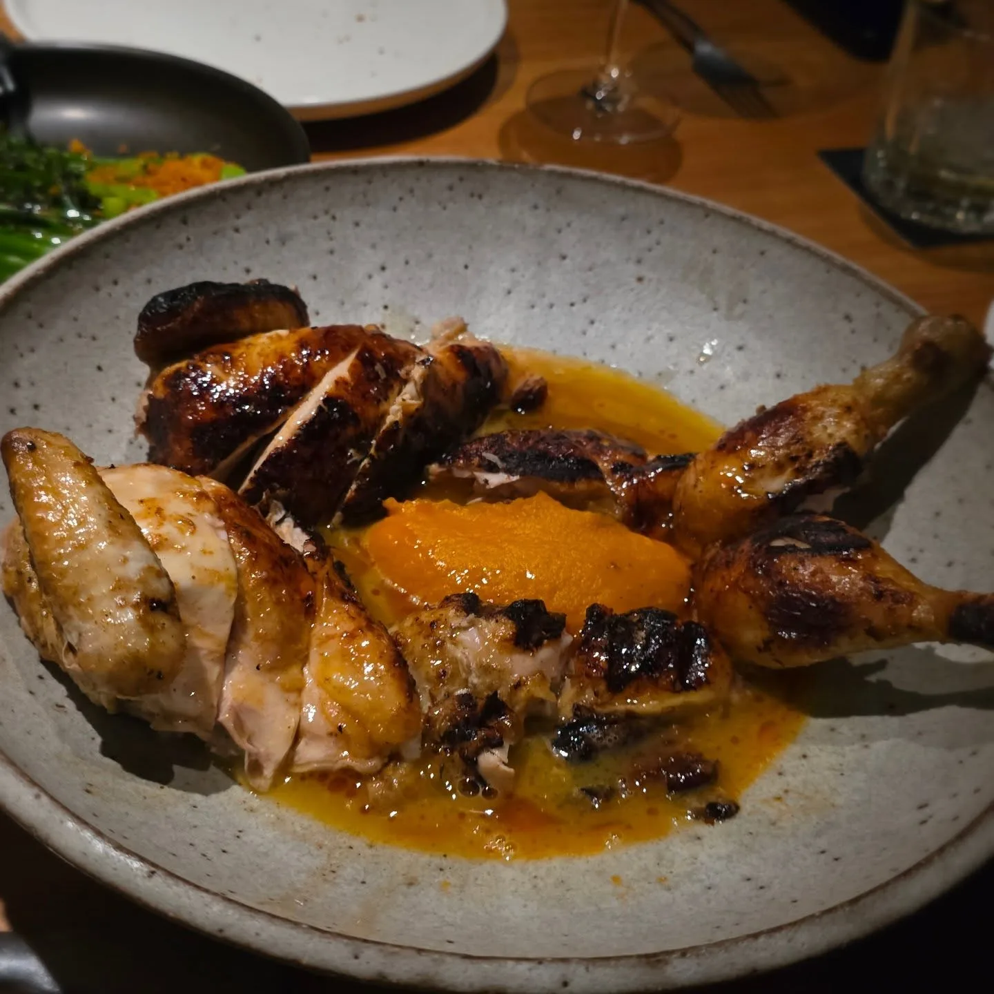Ember-hung whole Bannockburn chicken, vadouvan jus