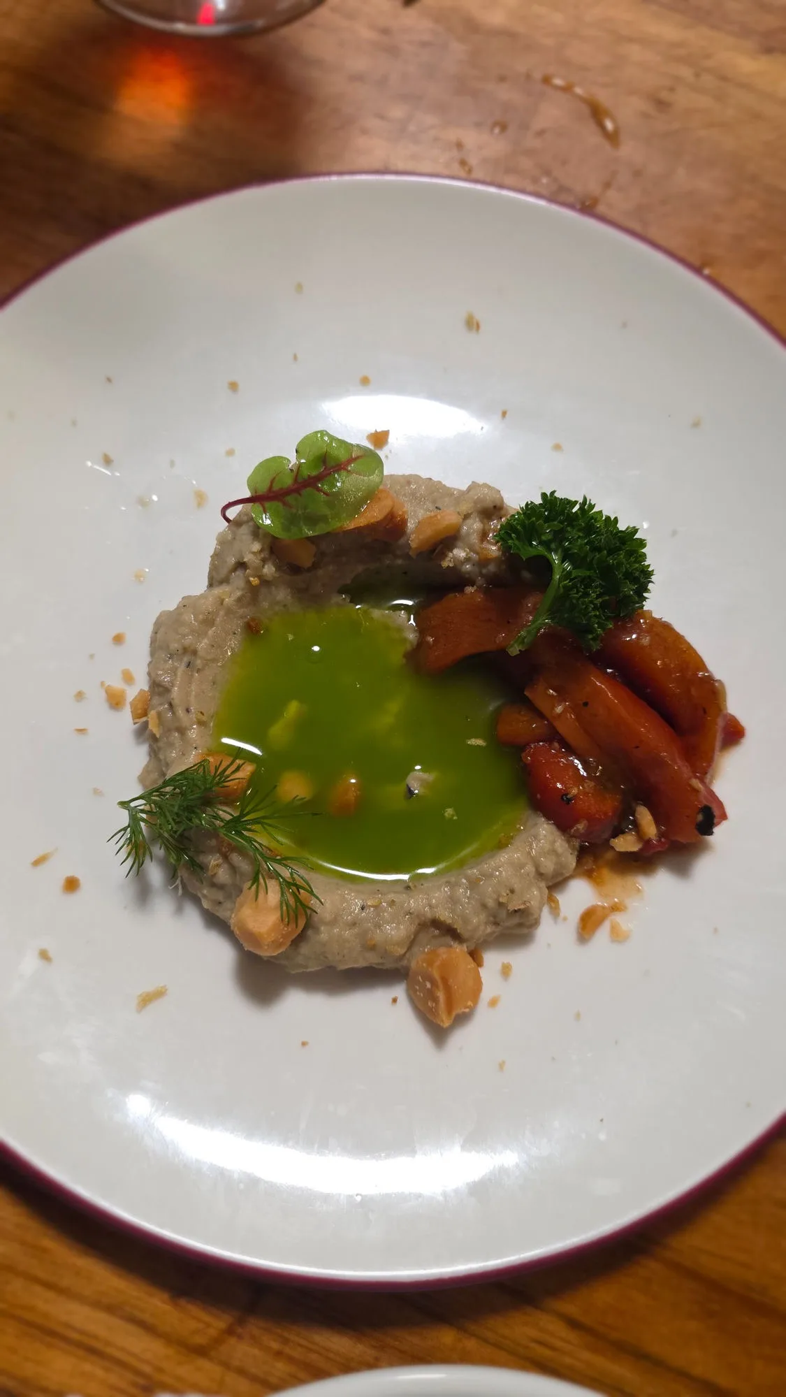 Dip with smoked eggplant, charred capsicum and macadamia crumb