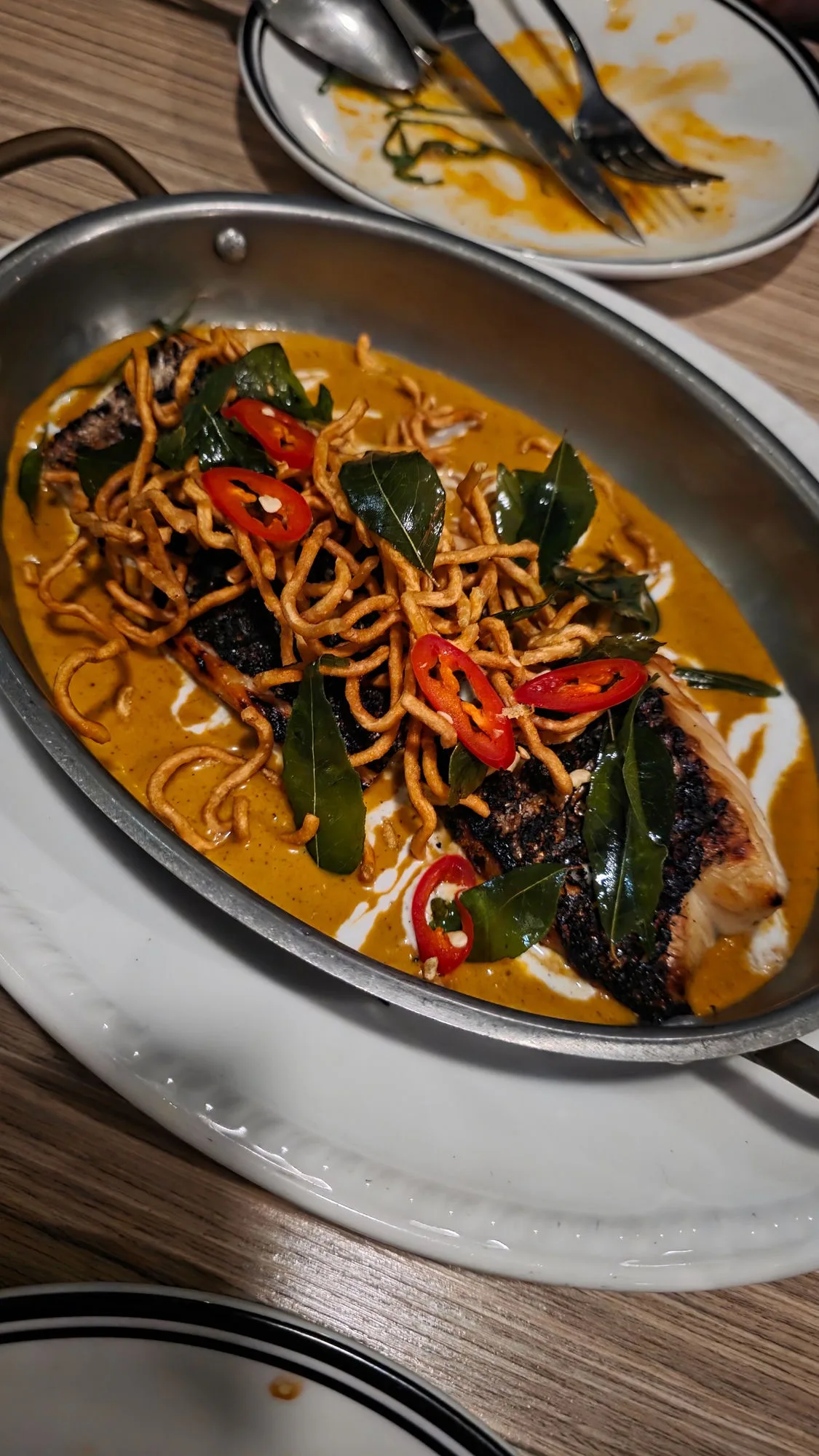 BBQ snapper, Sri Lankan curry, crispy noodles, curry leaf