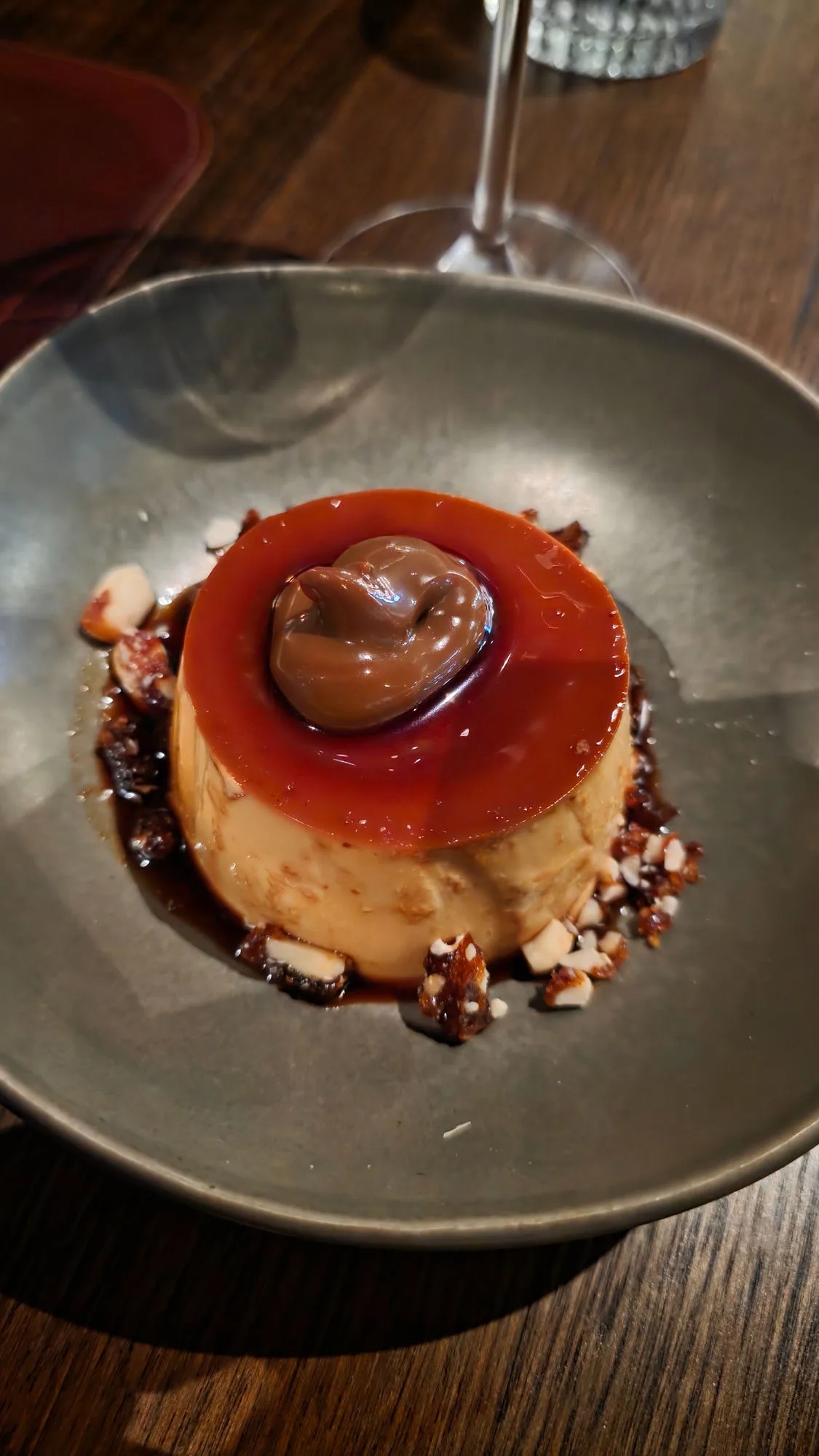 Flan, dulce de leche crème caramel with salted peanut praline
