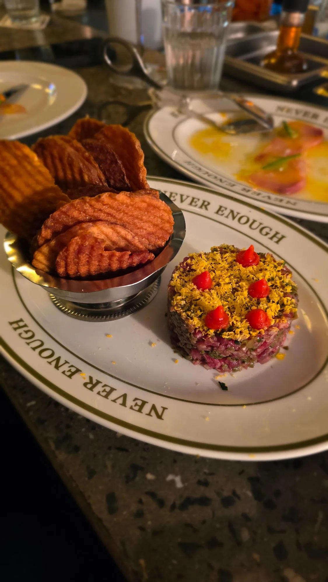 Dry-aged beef tartare, fermented chilli, waffle chips