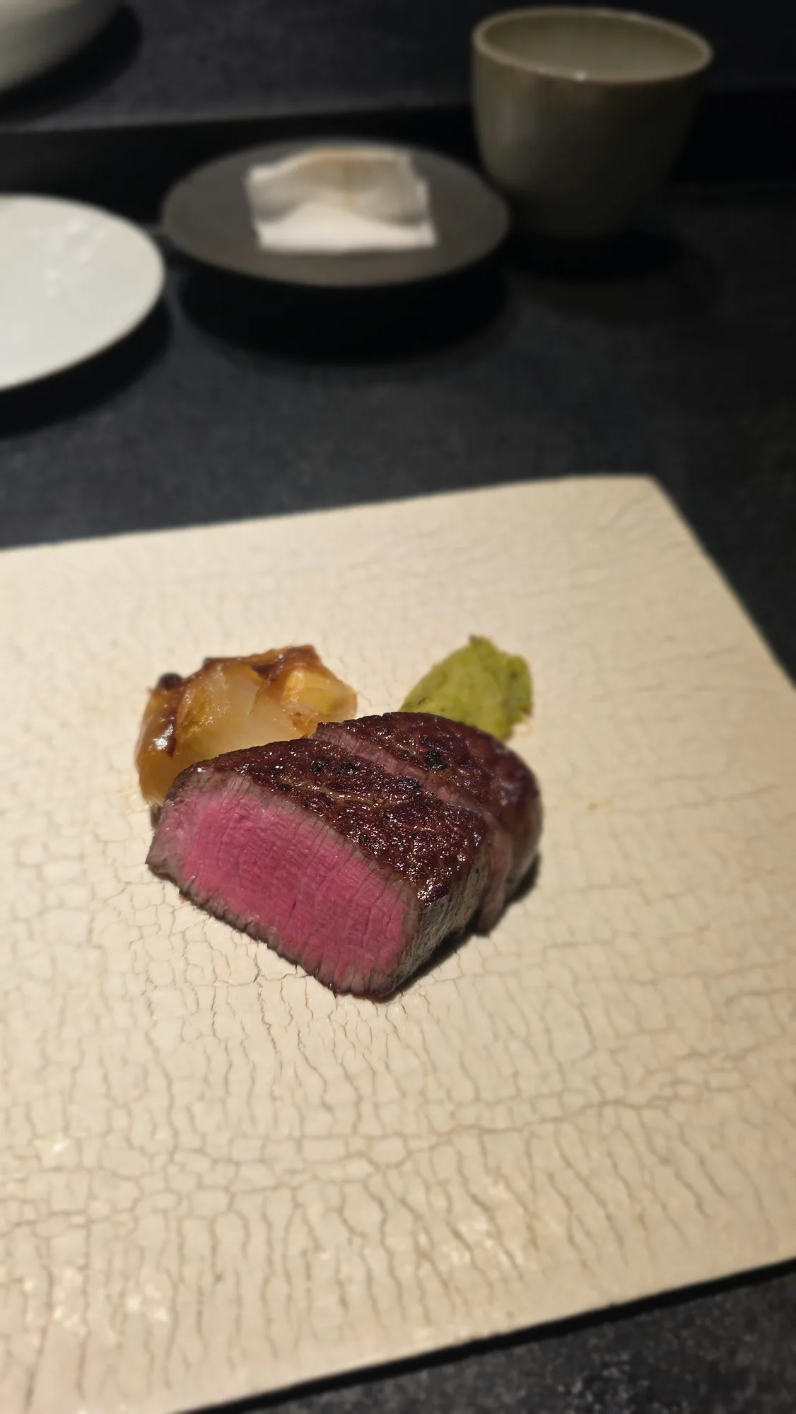 Yakimono: VIC 9+ Marble King wagyu eye fillet with grilled onion