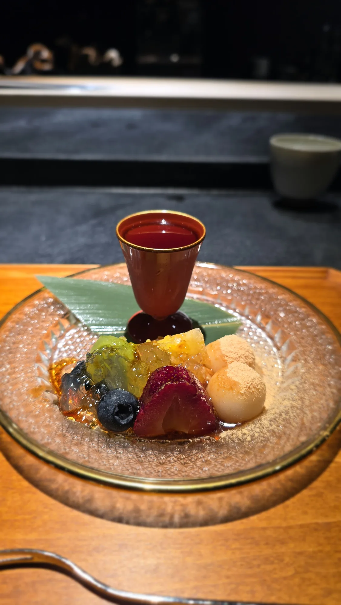 Mizugashi: mochi dusted in kinako, fruits in jelly
