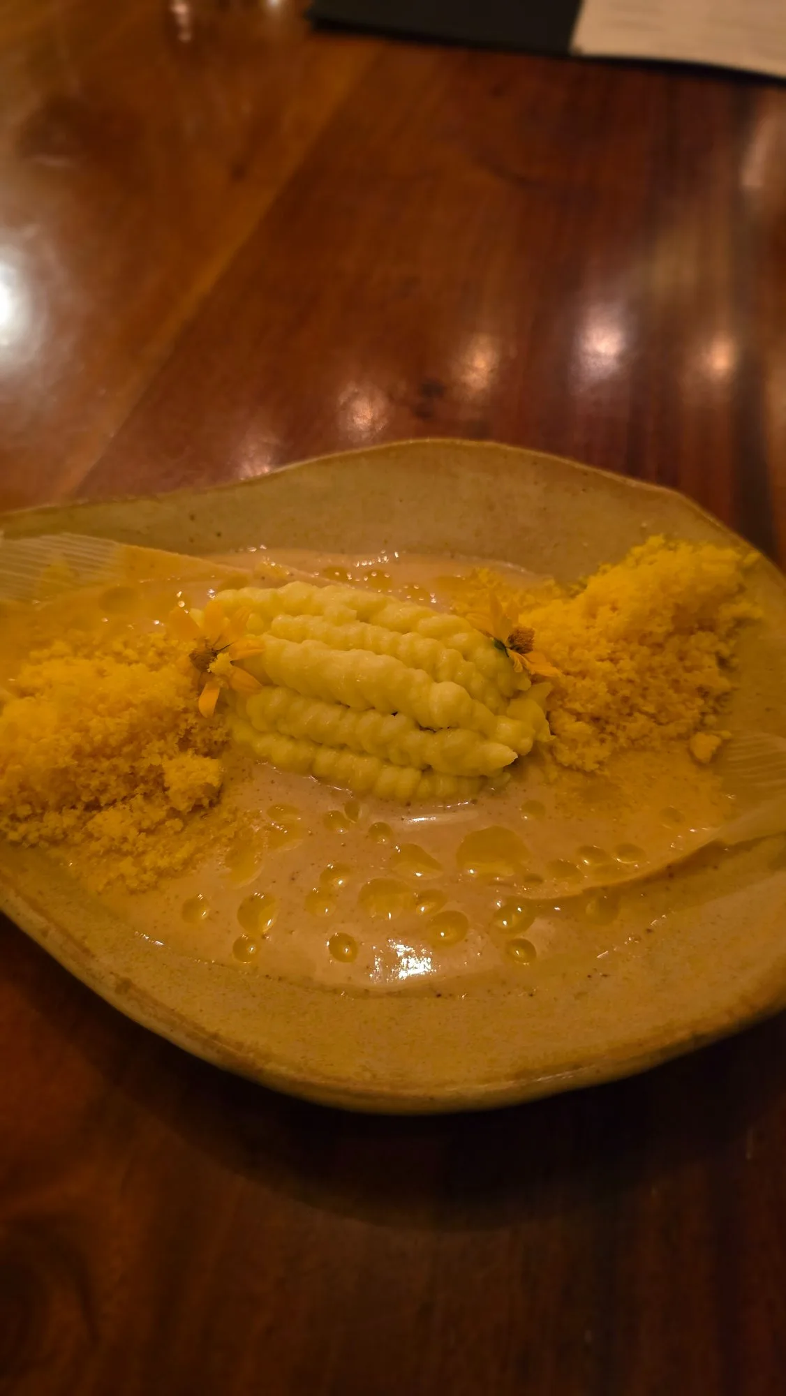 Young corn kinilaw, dry aged jackfish, corn leche de tigre