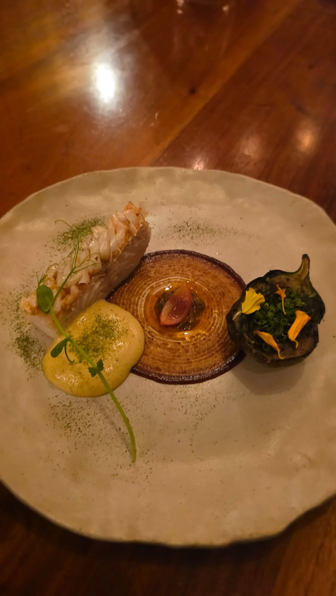 Masbate maya-maya, calamansi yuzu espuma, eggplant relish