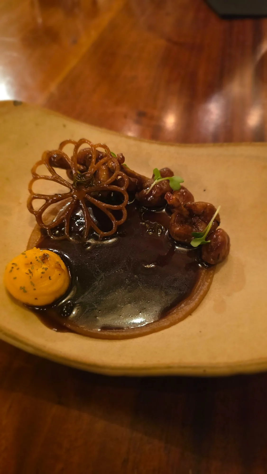 Pampanga frog legs, frog adobo jus, sweet potato